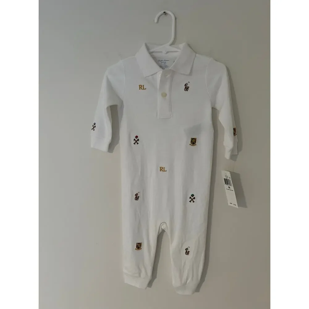 NWT Ralph Lauren Polo Baby Embroidered Cotton Coverall Baby Boy Collared White